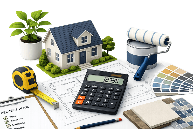 Home improvement calculator tools with house, calculator, measuring tape, paint roller, and floor samples